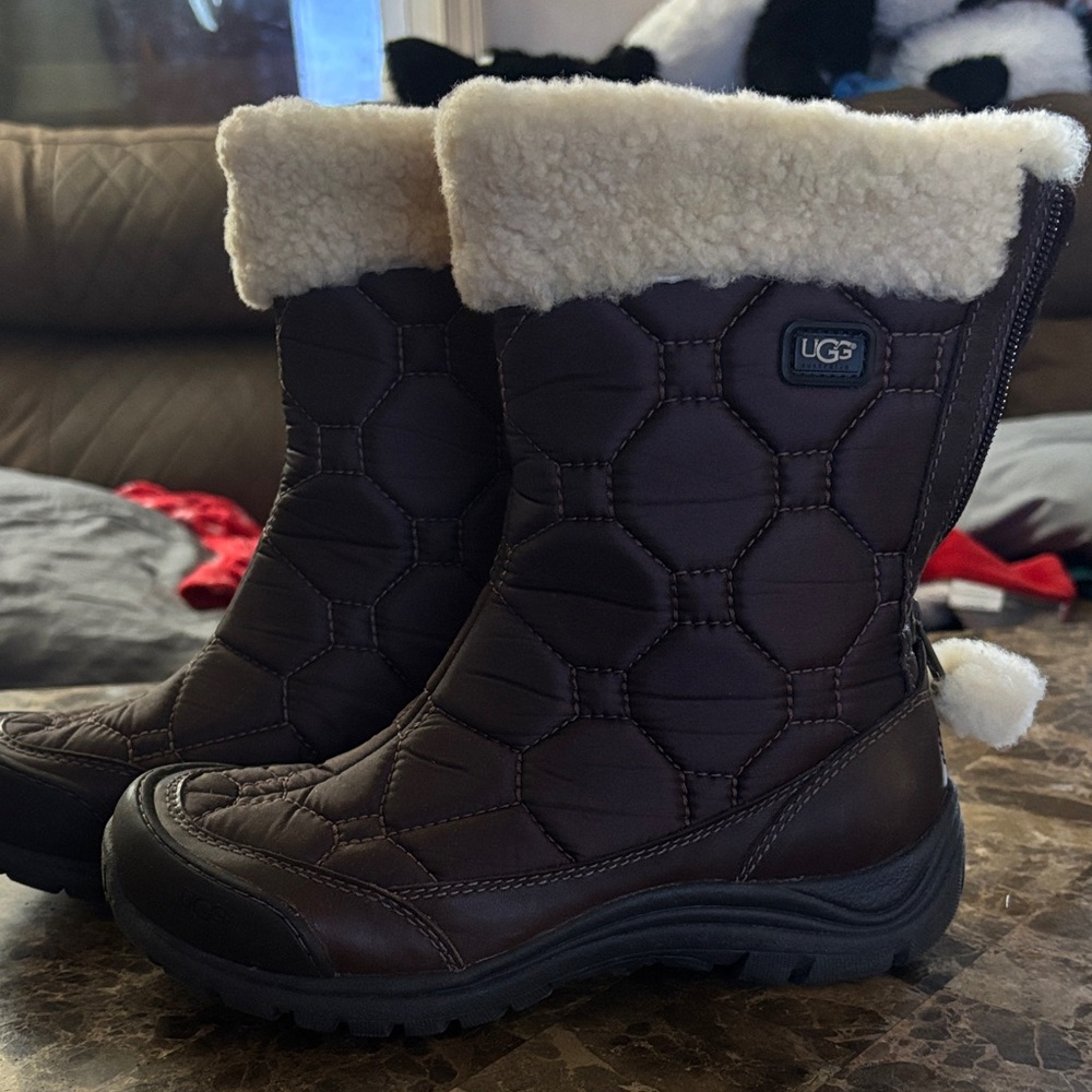 UGG Dark Brown Quilted Boots with Cream Shearling
